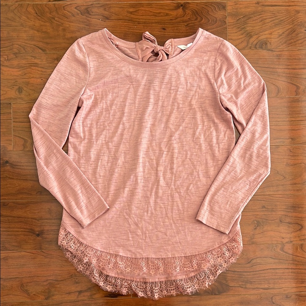Lauren Conrad Pink Long Sleeve Lace Trim Blouse Shirt Top
